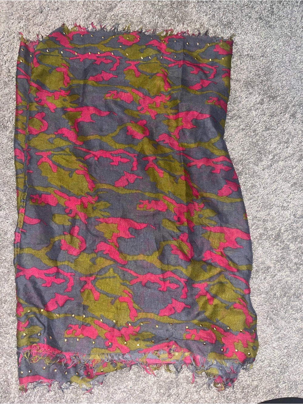 Dark Gray Scarf with Olive Green & Magenta Camouflage Print